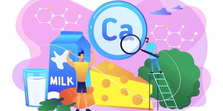 Tiny people, healthy sportsman with organic food high in calcium. Uses of calcium, calcium dietary supplement, strong bones and teeth concept. Bright vibrant violet vector isolated illustration